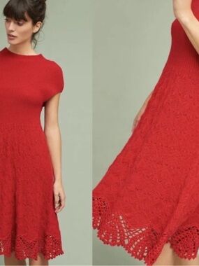 Anthropologie Feather Bone Oda Red Knit Lace-Hem Dress